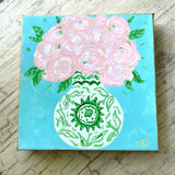 Green Chinoiserie Vase of Pink Flowers Painting