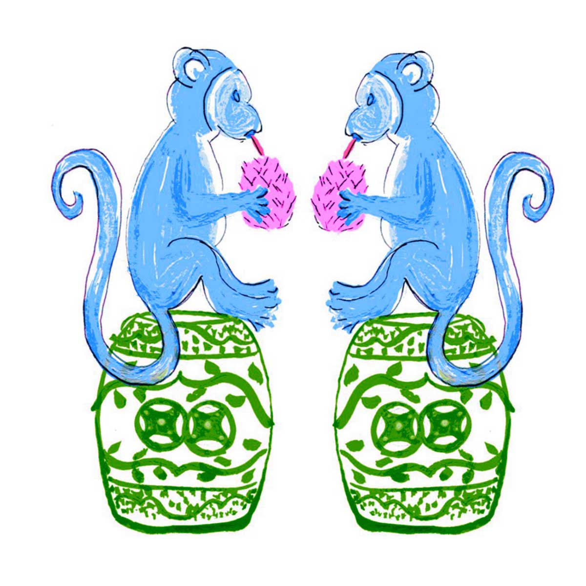 Blue Chinoiserie Monkeys Tea Towel