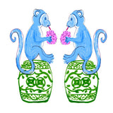 Chinoiserie Monkey Multi Color Linen Cocktail Napkins 