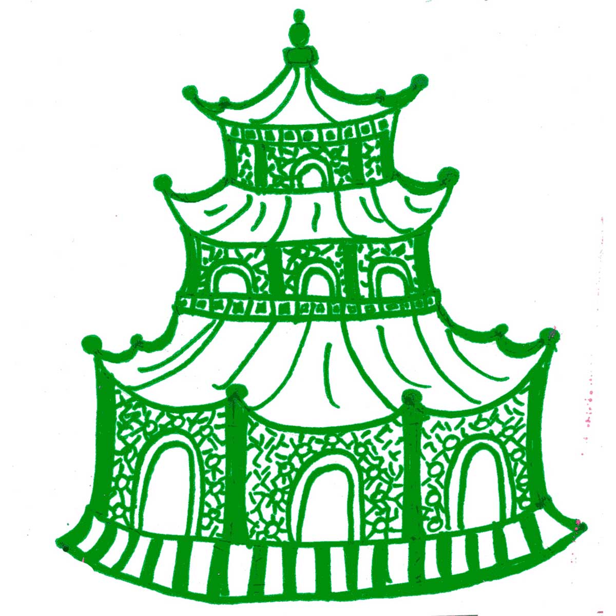 Green Chinoiserie Pagoda Tea Towel
