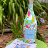 Hand Painted Colorful Abstract Prosecco Bottle and Linen Cocktail Napkins Gift Set