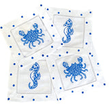 Blue Speckle Crab & Seahorse Linen Cocktail Napkins
