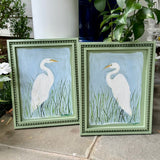 White Egret Coastal Art on Sage Green Beaded Wood Frame