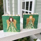 Green and Gold Angels on Wood Block