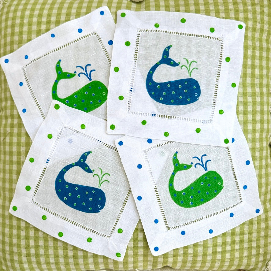 Navy & Aqua Whale Linen Cocktail Napkins - Thumbnail 2