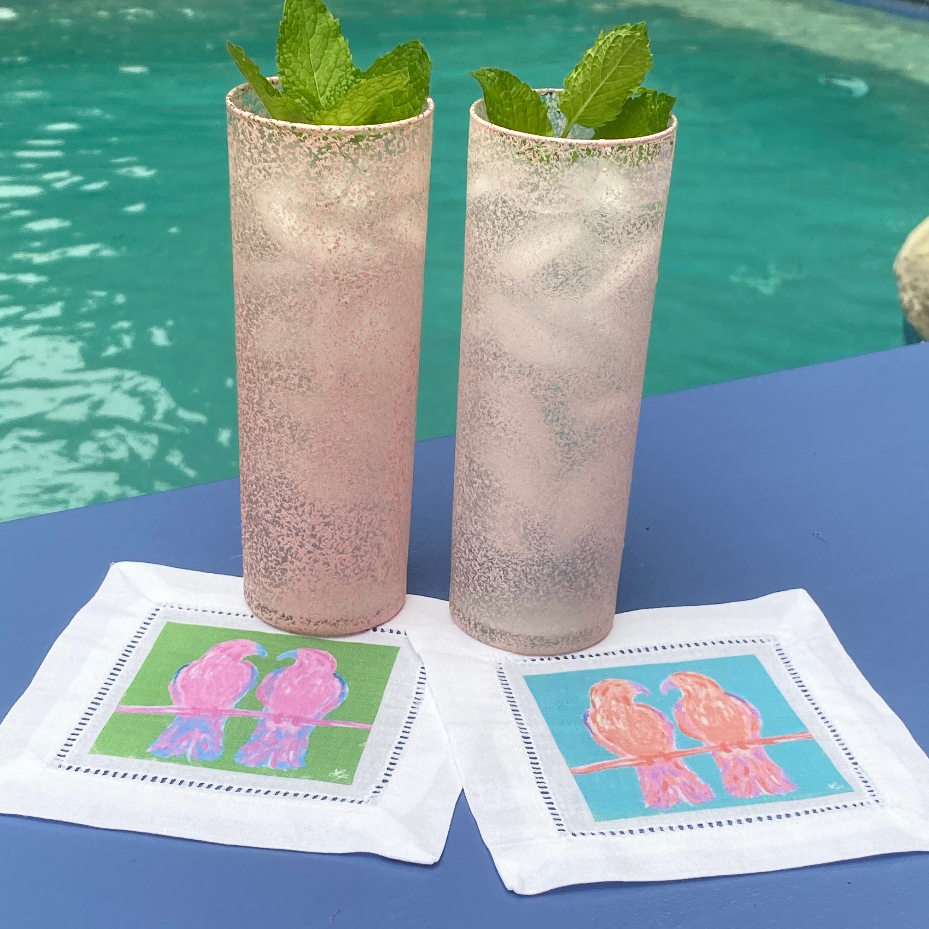 Tropical Lovebirds Linen Cocktail Napkins - Thumbnail 2