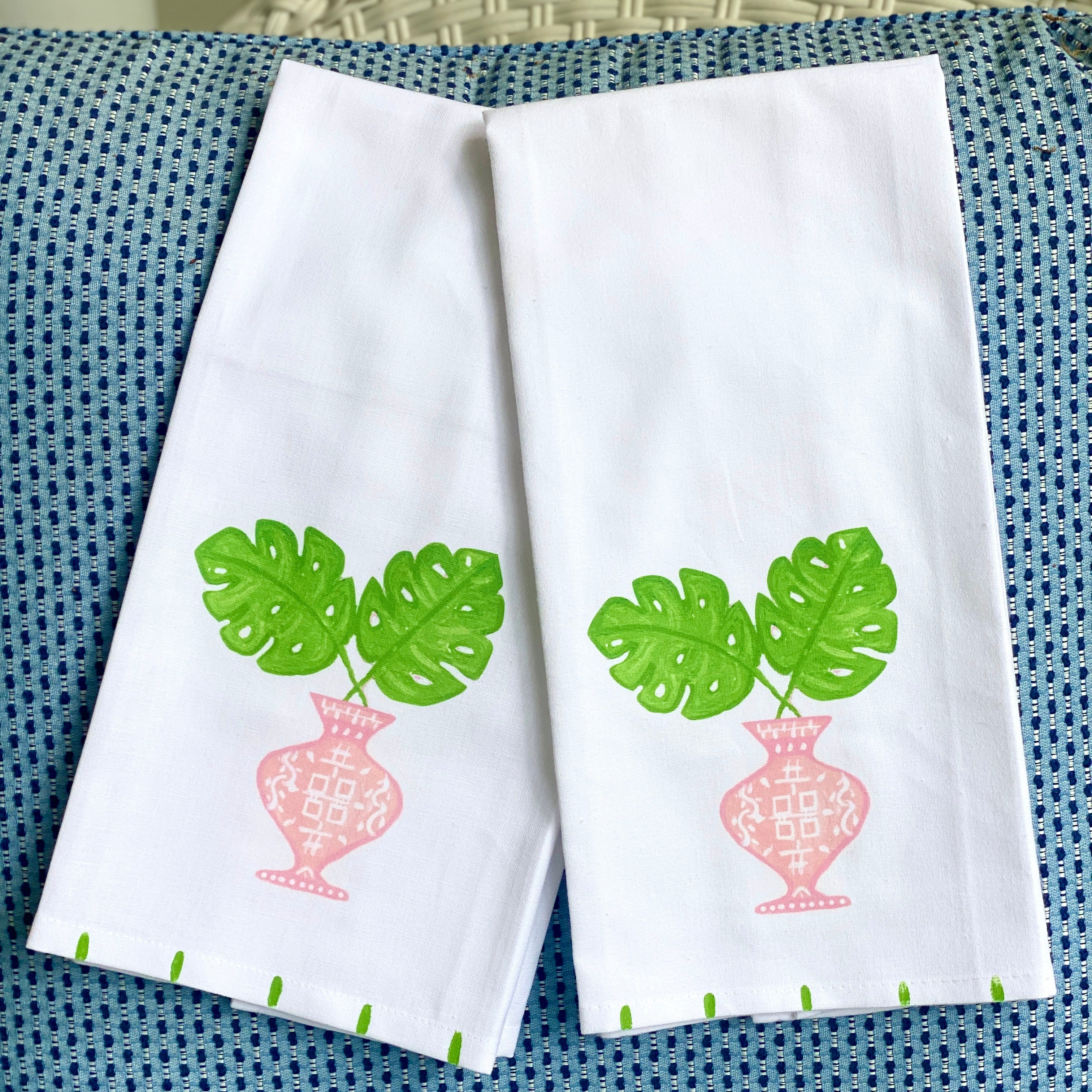 Pink Chinoiserie Monstera Leaf Tea Towel - Thumbnail 2