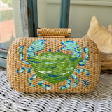 Hand Painted Blue Green Crab Rattan Clutch