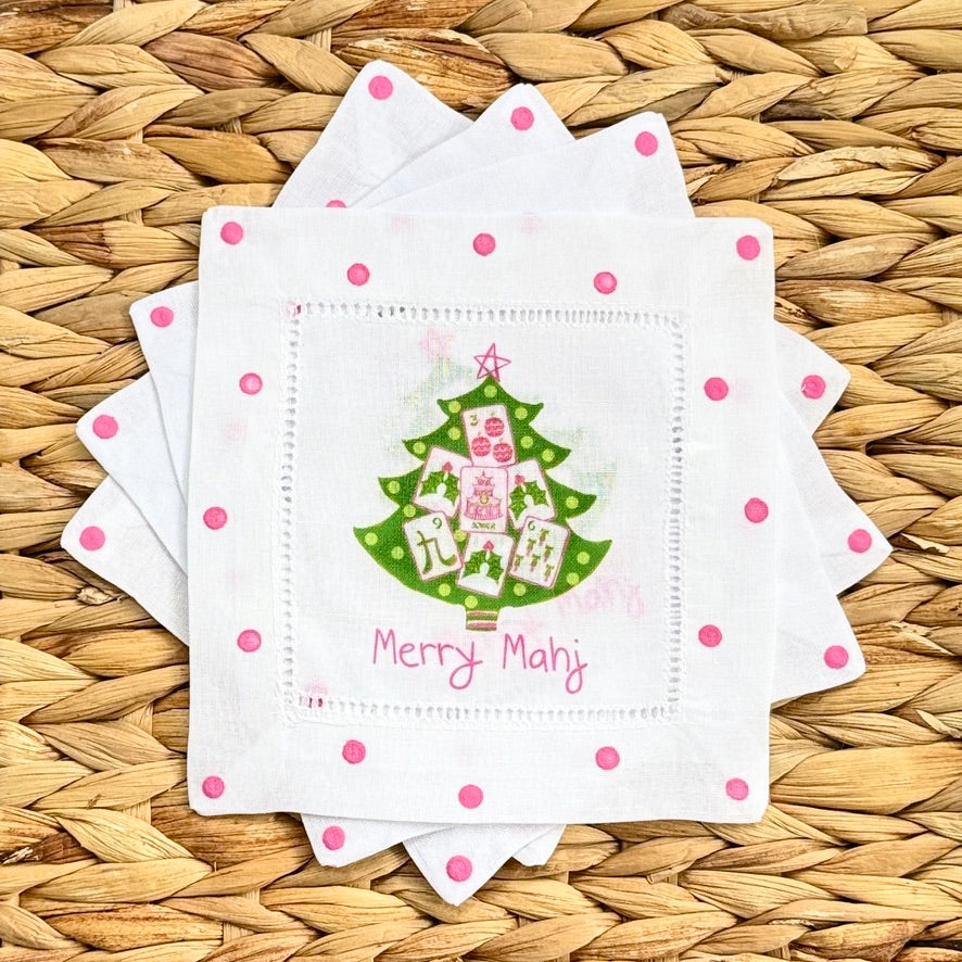 Merry Mahj! Christmas Mahjong Linen Cocktail Napkins - Thumbnail 2