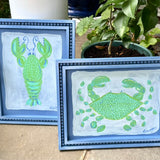 Green Lobster & Crab Coastal Art on Blue Beaded Wood Frame