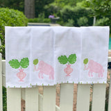 Pink Chinoiserie Monstera Leaf Linen Cocktail Napkins