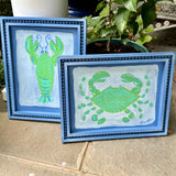 Green Lobster & Crab Coastal Art on Blue Beaded Wood Frame