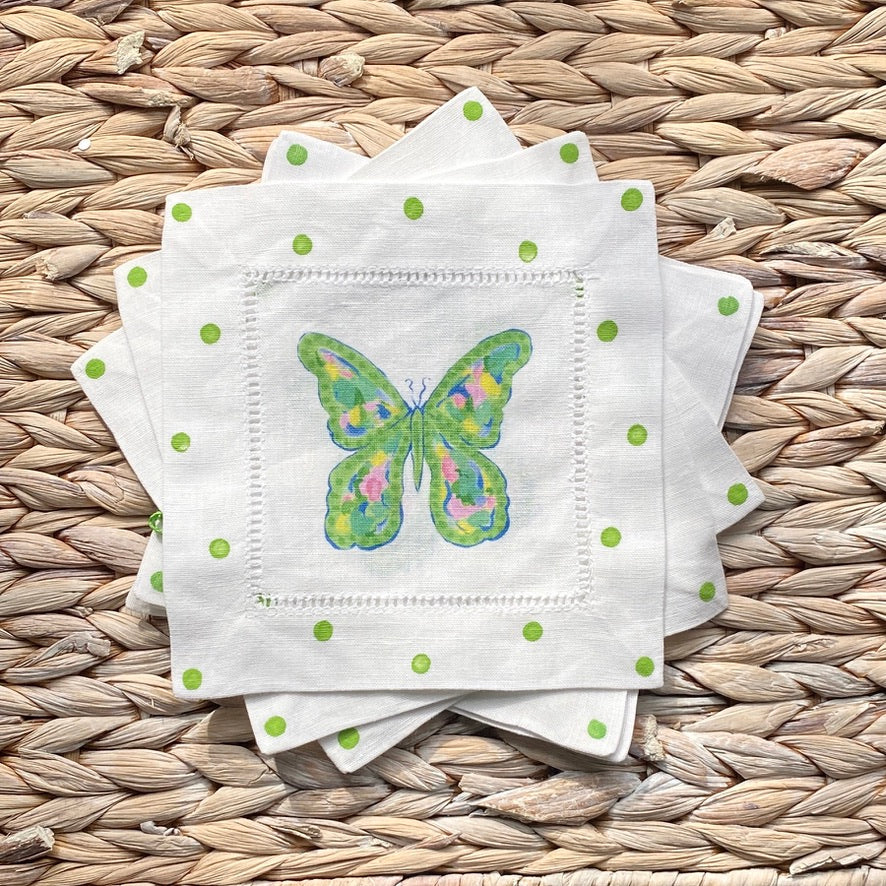Blue & Green Butterfly Linen Cocktail Napkins - Thumbnail 2