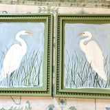 White Egret Coastal Art on Sage Green Beaded Wood Frame