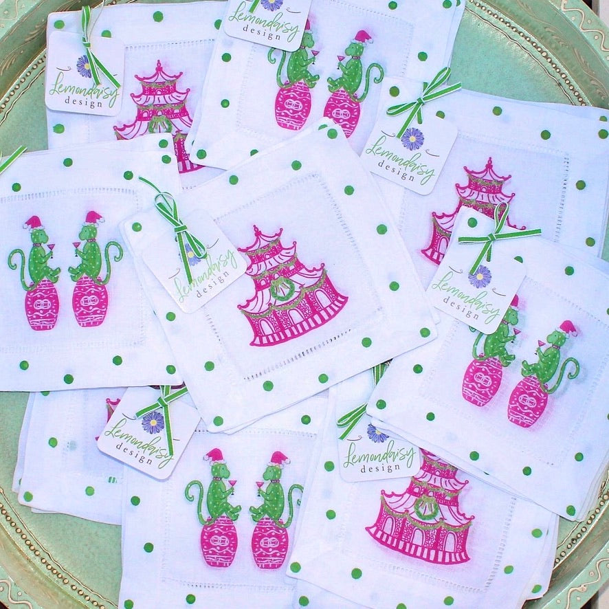 Chinoiserie Christmas Pink Pagoda Linen Cocktail Napkins