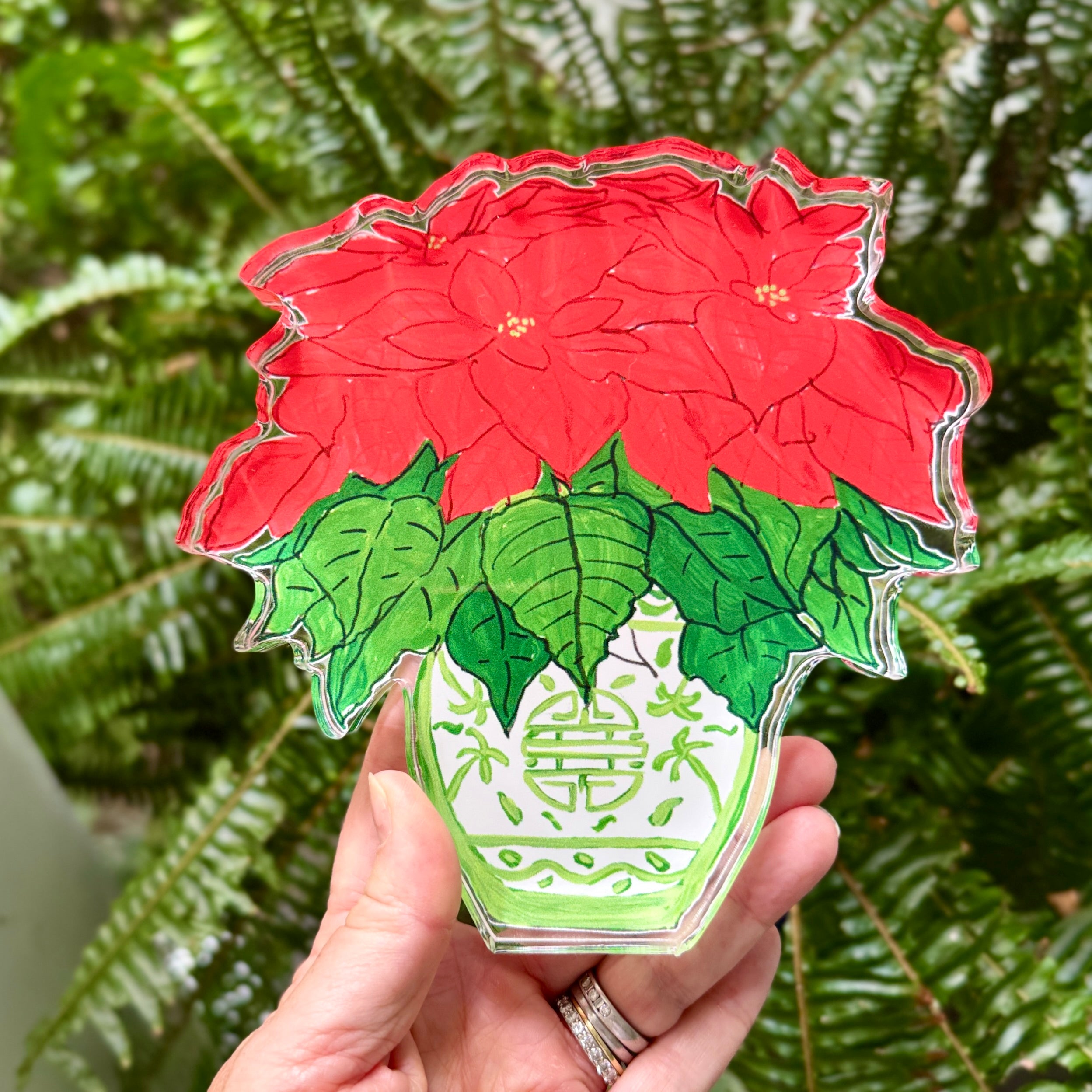 Acrylic Block Chinoiserie Christmas Poinsettia - Thumbnail 2