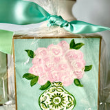 Green Chinoiserie Vase of Pink Flowers Painting