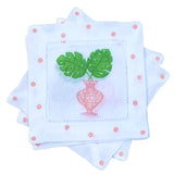 Pink Chinoiserie Monstera Leaf Linen Cocktail Napkins