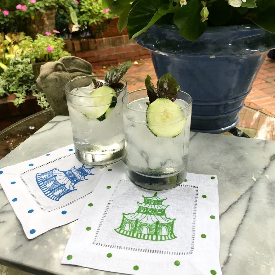 Set of 6 Chinoiserie Pagoda Linen Cocktail Napkins - Thumbnail 3