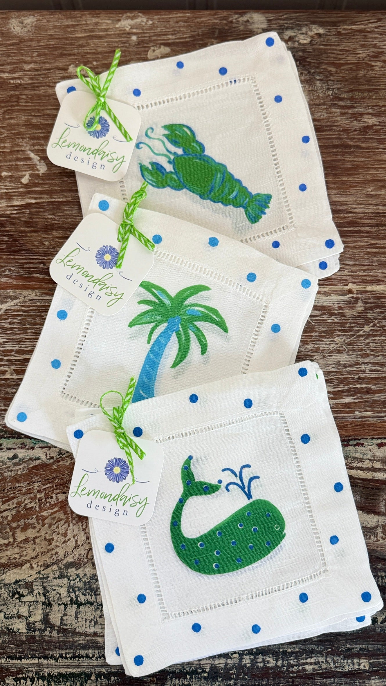 Blue Green Palm Tree Linen Cocktail Napkins - Thumbnail 2