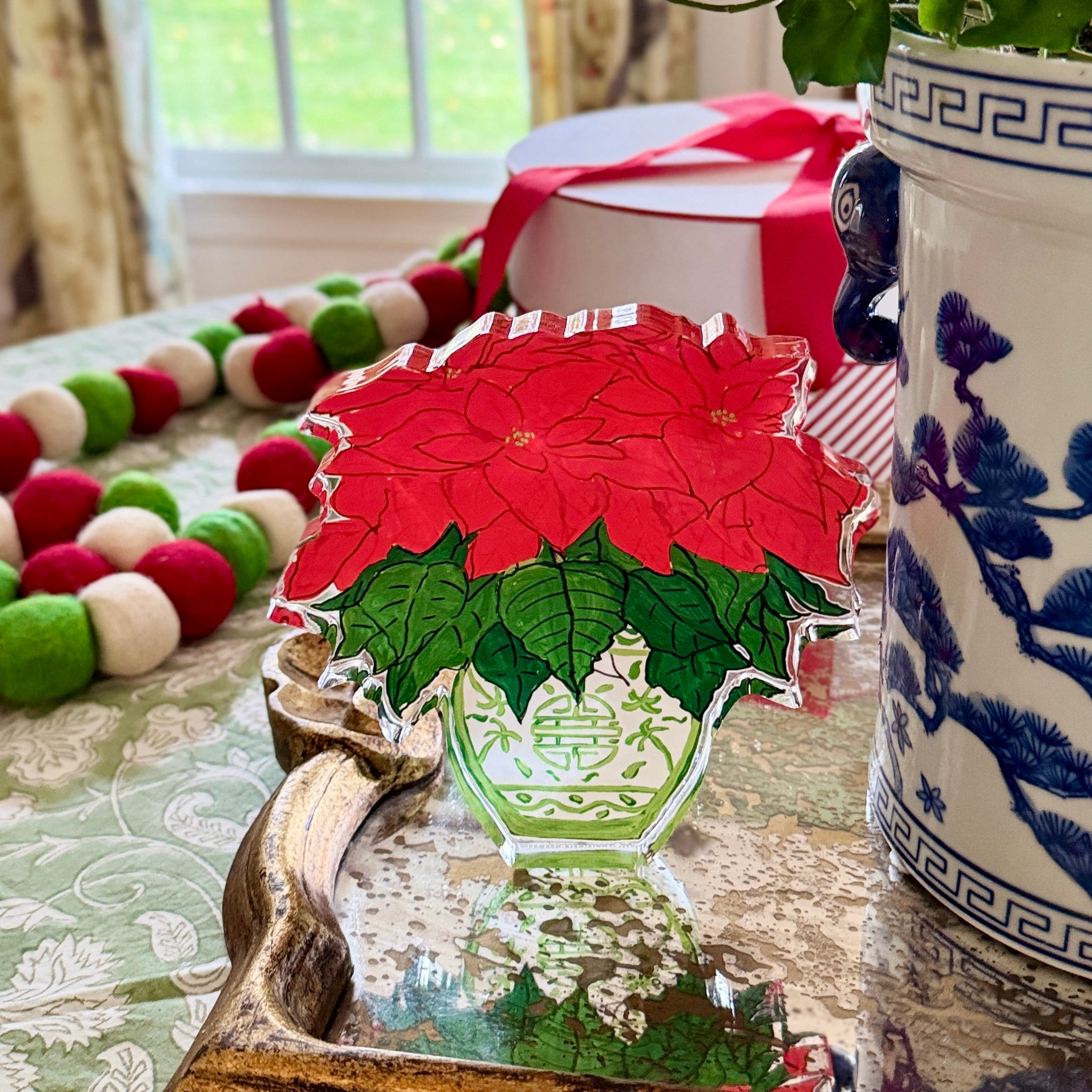 Acrylic Block Chinoiserie Christmas Poinsettia - Thumbnail 4