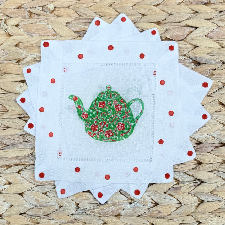 Happy Christmas Teapot Linen Cocktail Napkins - Thumbnail 2