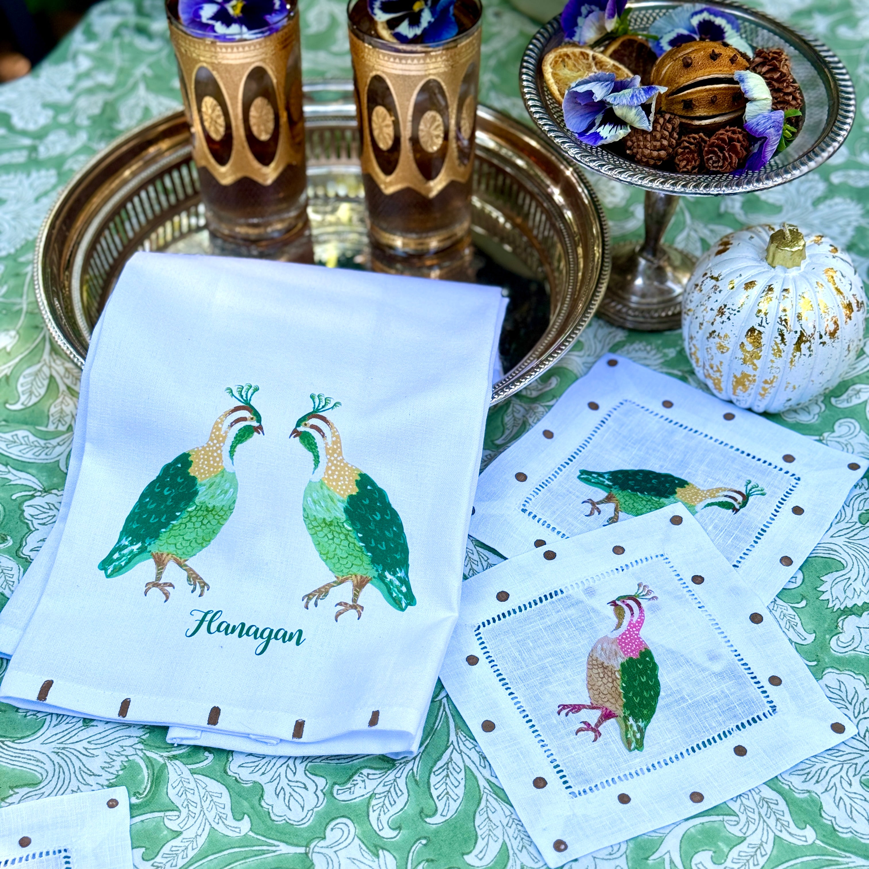 Colorful Quail Linen Cocktail Napkins - Thumbnail 4