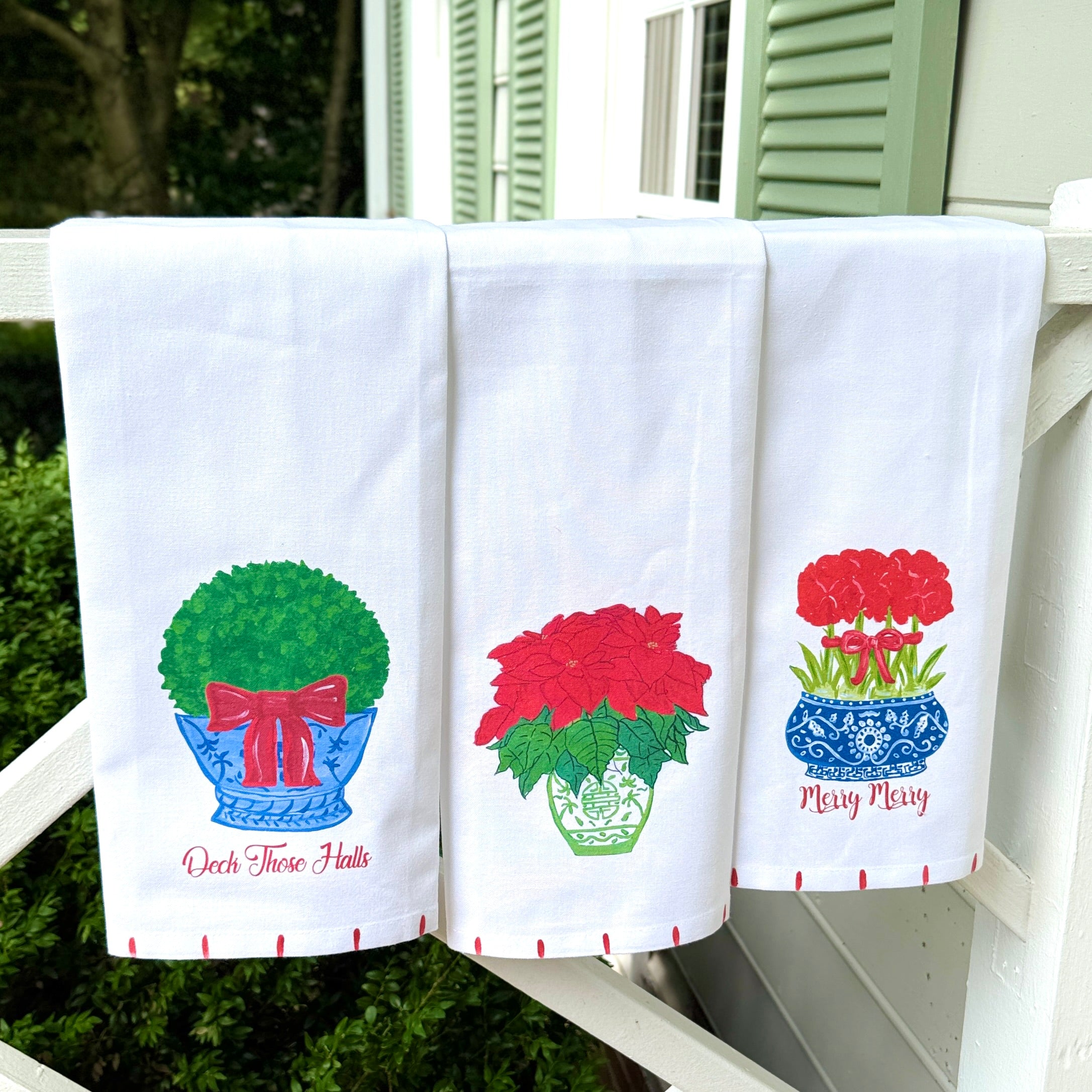 Deck Those Halls Christmas Chinoiserie Boxwood Tea Towel