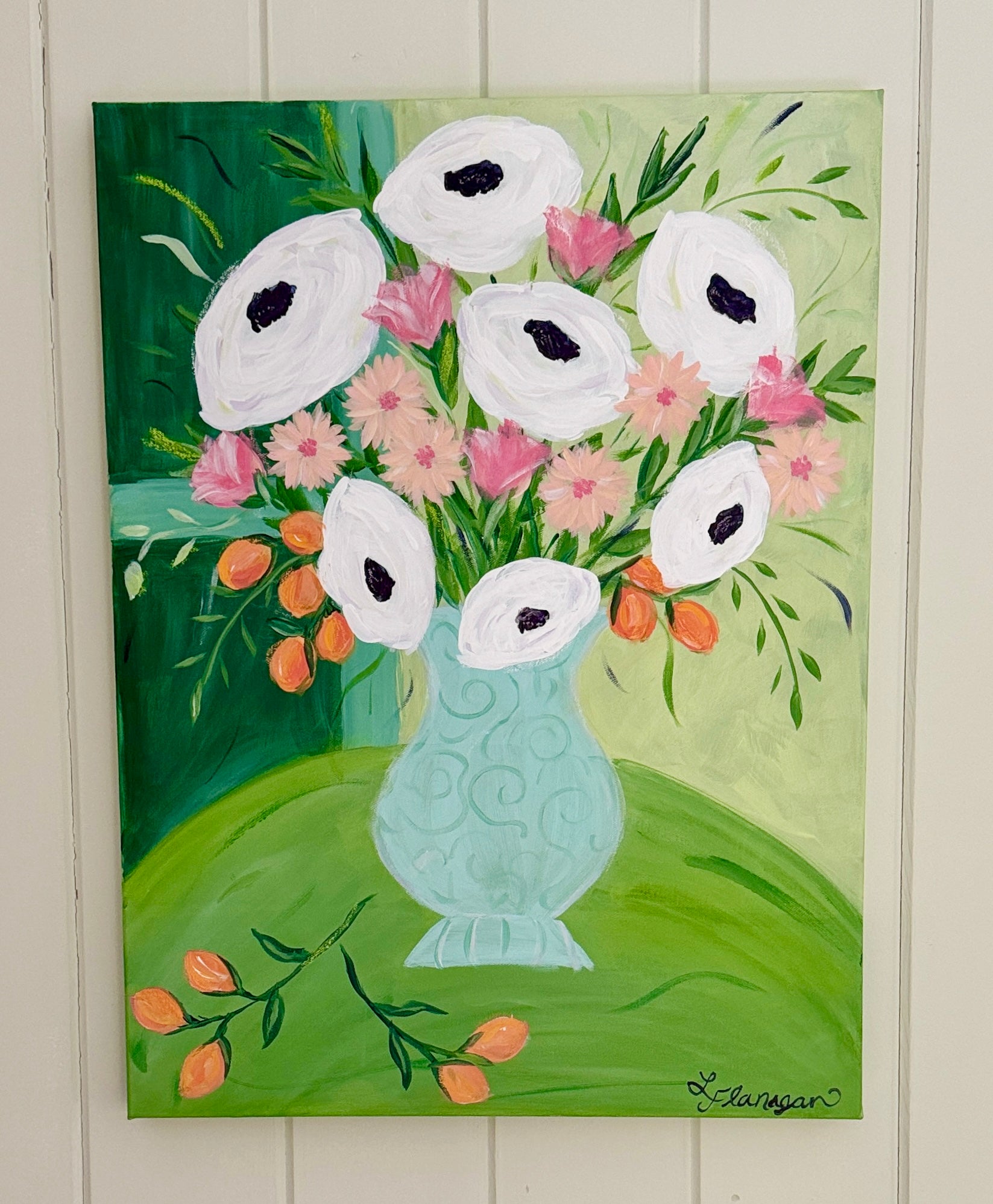 Vibrant Floral Art on Green | Original Painting | Art – Lemondaisy