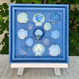 Painted Sea Shell Hydrangea Blues Shell Art on 12x12 Bright Blue