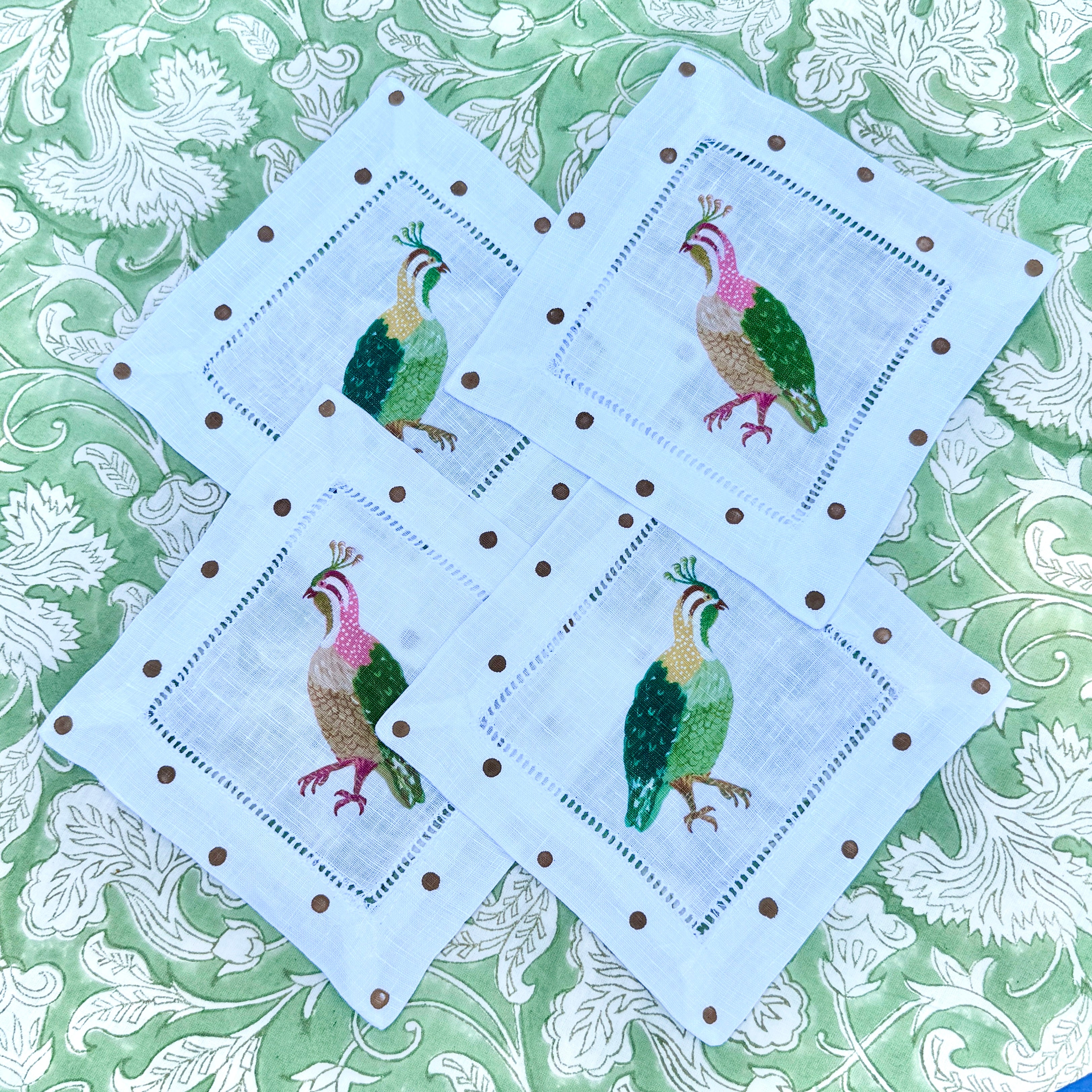 Colorful Quail Linen Cocktail Napkins