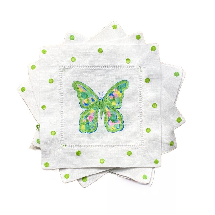 Blue & Green Butterfly Linen Cocktail Napkins