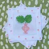 Pink Chinoiserie Monstera Leaf Linen Cocktail Napkins
