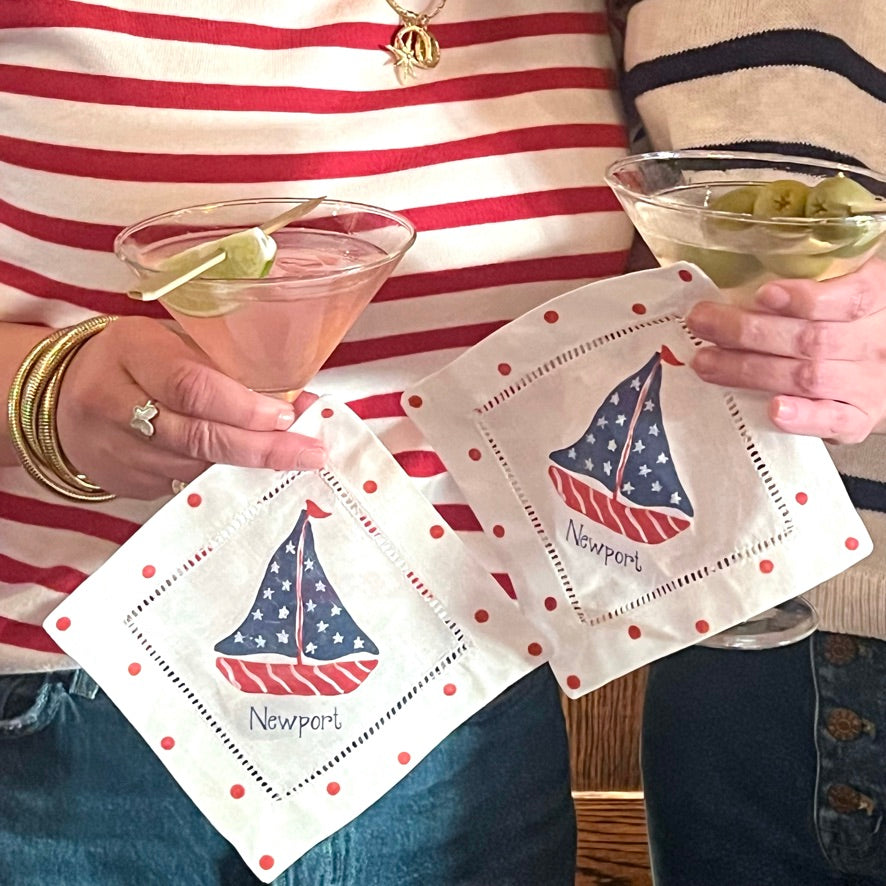 Stars and Stripes Sailboat Linen Cocktail Napkins - Thumbnail 2