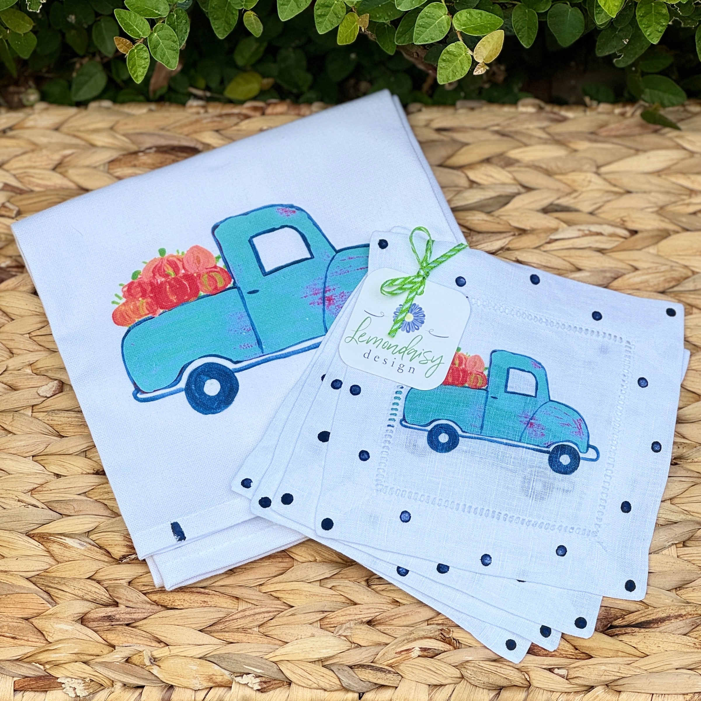Blue Pumpkin Truck Linen Cocktail Napkins