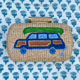 Hand Painted Blue Woody Wagon Rattan Clutch