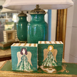 Green and Gold Angels on Wood Block