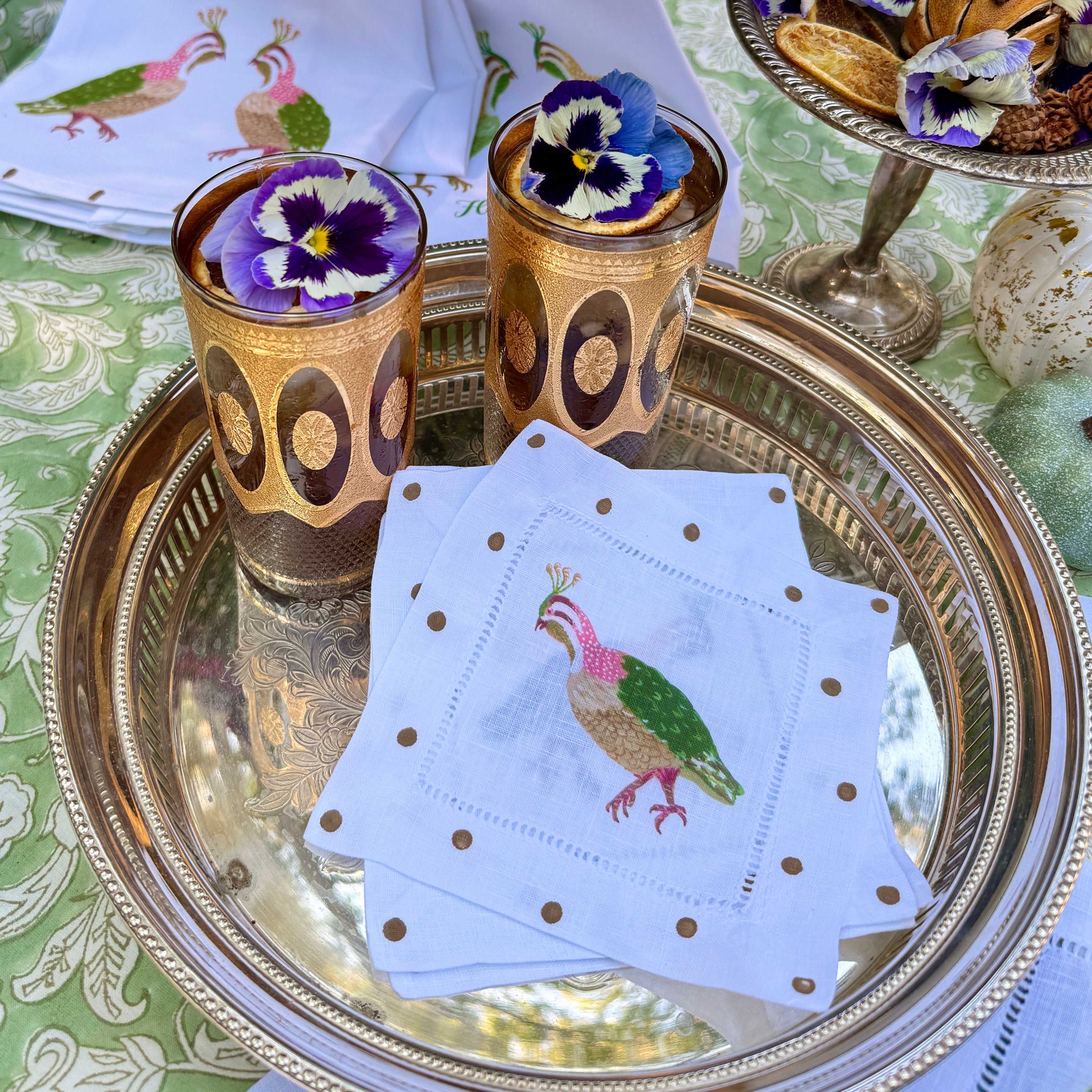 Colorful Quail Linen Cocktail Napkins - Thumbnail 3