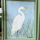 White Egret Coastal Art on Sage Green Beaded Wood Frame