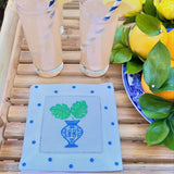 Blue Chinoiserie Monstera Leaf Linen Cocktail Napkins