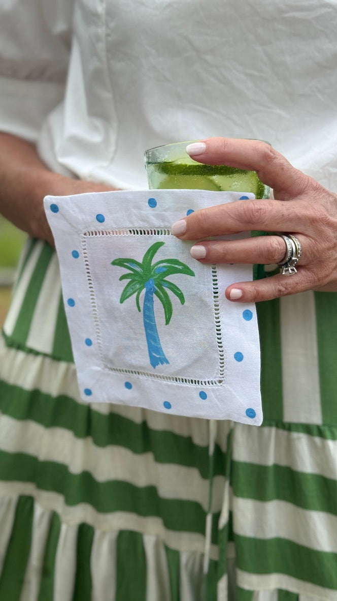 Blue Green Palm Tree Linen Cocktail Napkins - Thumbnail 3