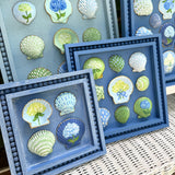 Painted Sea Shell Hydrangea Blues & Greens Shell Art on Blue