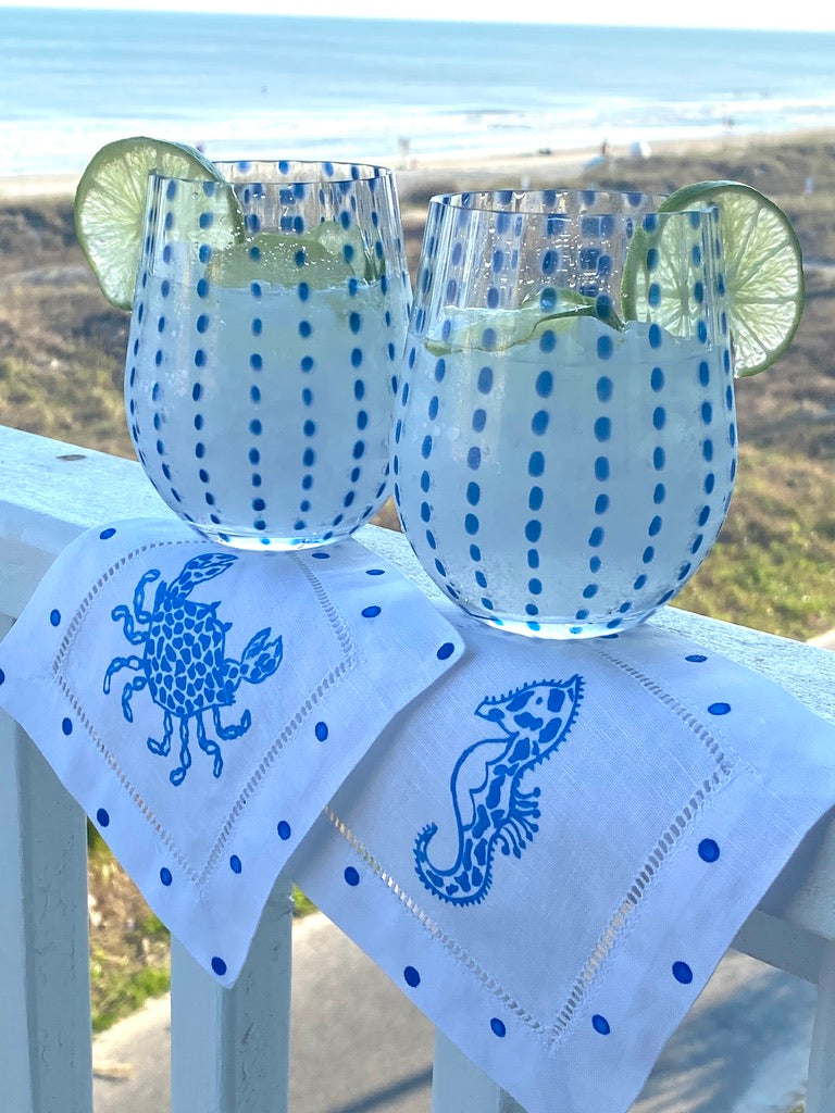 Blue Speckle Crab & Seahorse Linen Cocktail Napkins - Thumbnail 2