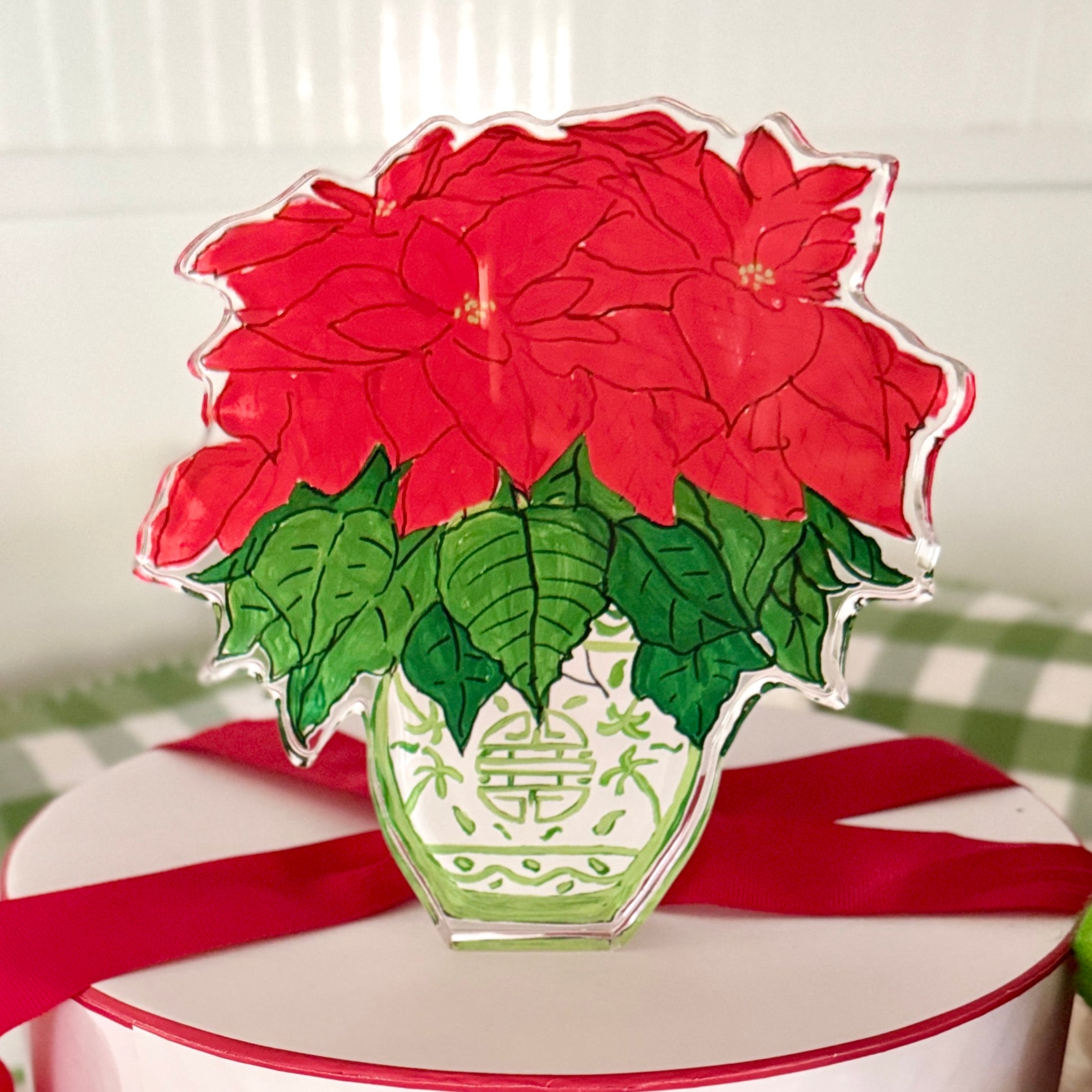 Acrylic Block Chinoiserie Christmas Poinsettia - Thumbnail 3
