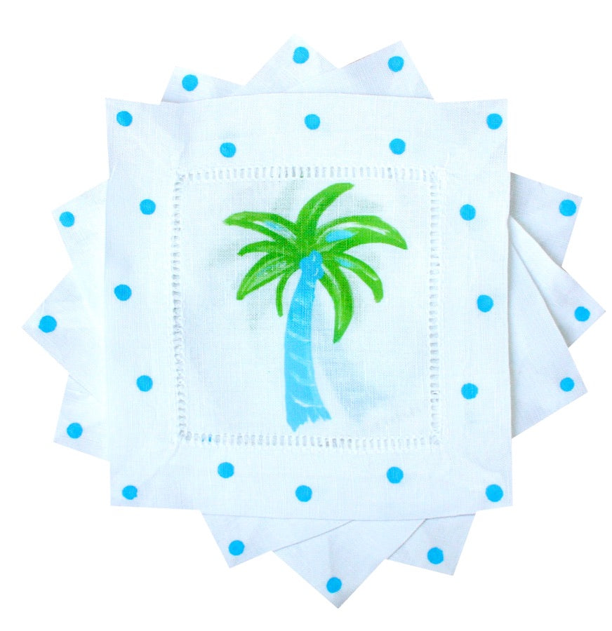 Blue Green Palm Tree Linen Cocktail Napkins