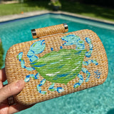 Hand Painted Blue Green Crab Rattan Clutch