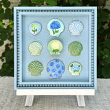 Painted Sea Shell Hydrangea Blues and Greens Shell Art on 12x12 Light Blue