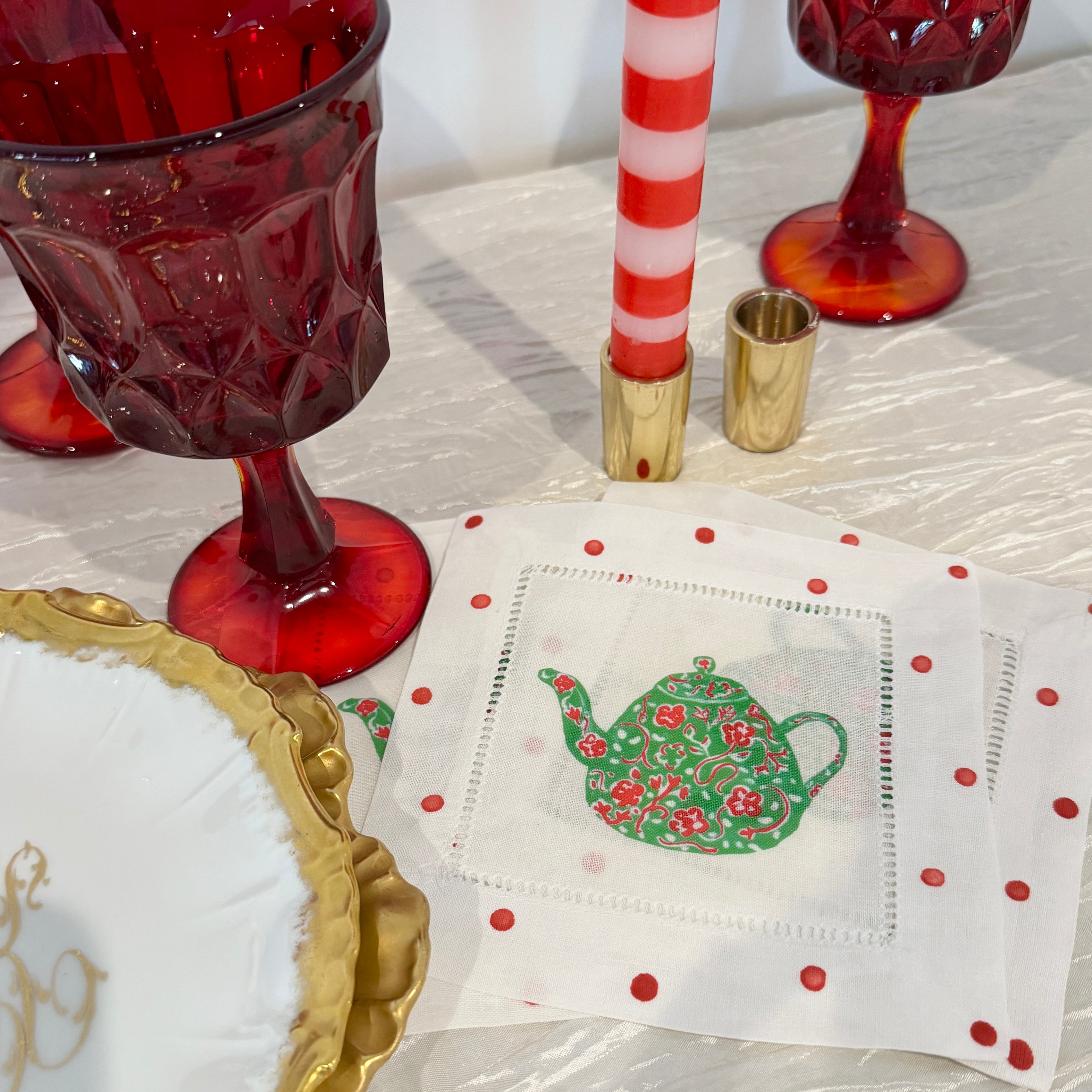 Happy Christmas Teapot Linen Cocktail Napkins - Thumbnail 3