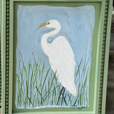White Egret Coastal Art on Sage Green Beaded Wood Frame
