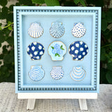 Painted Sea Shell Hydrangea Blues Shell Art on 12x12 Light Blue